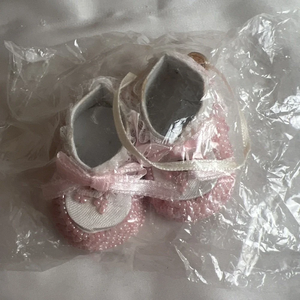 Vintage Pink Beaded Baby‎ Girl Shoes Ornaments 2 Pack Sealed Baby Shower Crafts